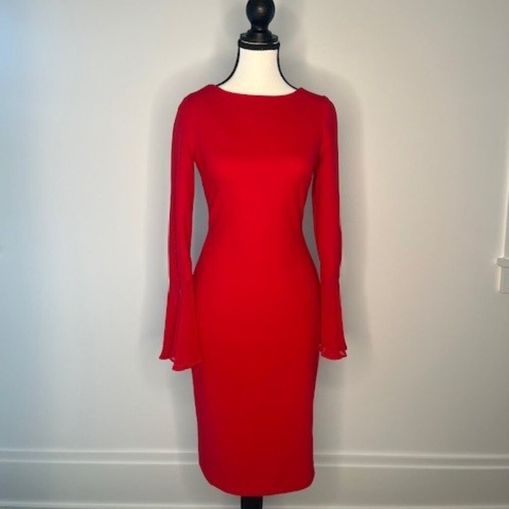 Calvin Klein Women's Red Dress with Flair Sleeves, Size 2